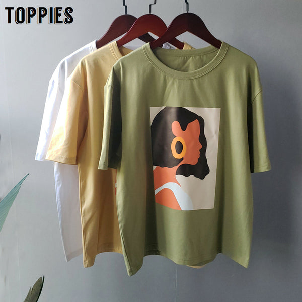 Toppies 2020 summer character t-shirts fashion girls tops short sleeve printing t-shirts korean women clothes 95% cotton-(4657934762047)- 8.82